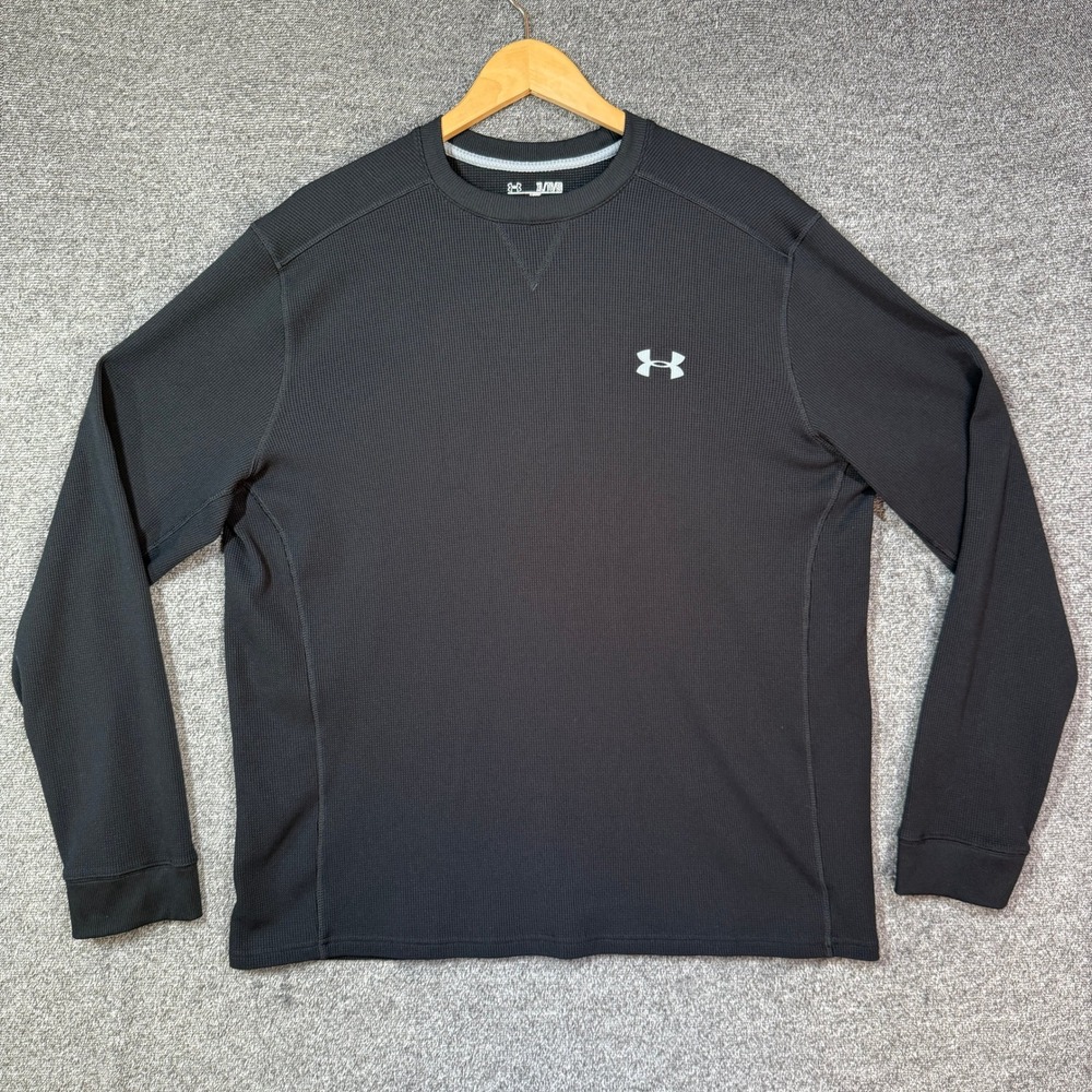Under Armour Shirt ColdGear Mens XL Black Waffle Knit Thermal Long Sleeve Loose
